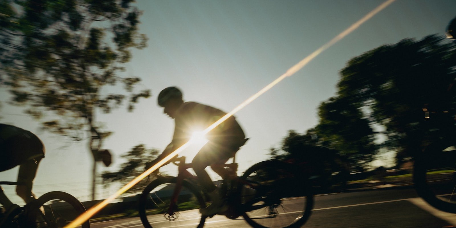 Cyclistes à contre-jour sur une route, le soleil rasant dans l'objectif