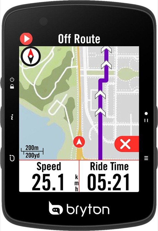 Compteur Bryton Rider 650 vu de face, carte en couleur avec alerte de sortie d'itinéraire, vitesse et temps de sortie à l'écran