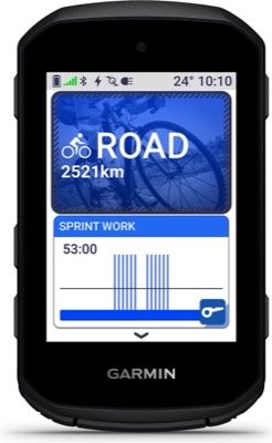 Compteur Garmin Edge 550 vu de face, écran d'accueil du profil Route