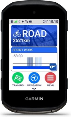 Compteur Garmin Edge 850 vu de face, écran d'accueil du profil Route avec les raccourcis Entraînement, Navigation et Menu