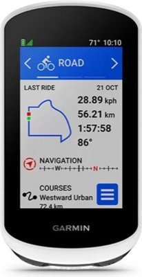 Compteur Garmin Edge Explore 2 blanc vu de face, écran du profil Route avec le résumé de la dernière sortie