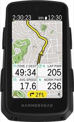 Compteur Hammerhead Karoo vu de face, carte de navigation et quatre champs de données à l'écran