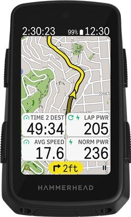 Compteur Hammerhead Karoo vu de face, carte de navigation et quatre champs de données à l'écran