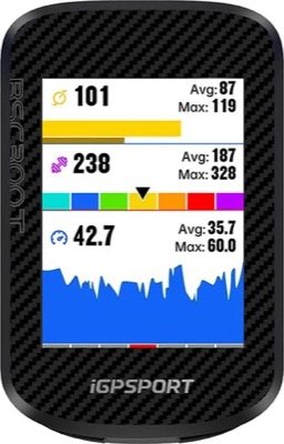 Compteur iGPSPORT BSC300T vu de face, puissance, fréquence cardiaque et vitesse à l'écran