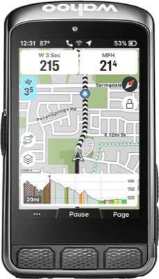 Compteur Wahoo ELEMNT ACE vu de face, carte, puissance, vitesse et profil du dénivelé à l'écran