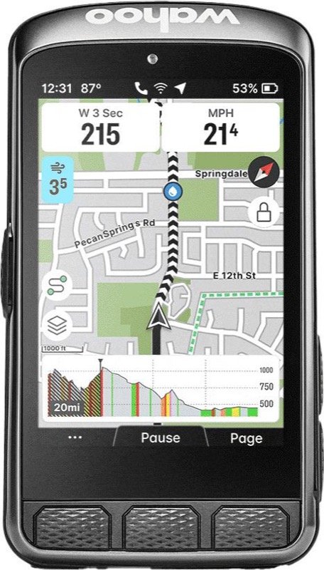 Compteur Wahoo ELEMNT ACE vu de face, carte, puissance, vitesse et profil du dénivelé à l'écran
