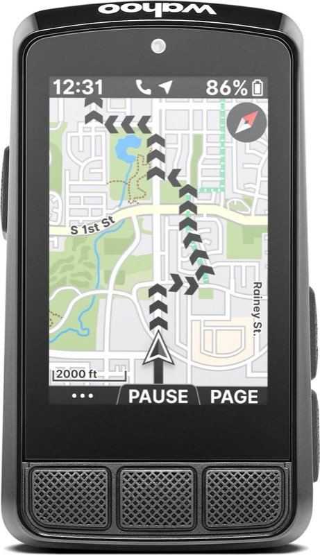 Compteur Wahoo ELEMNT BOLT vu de face, écran de navigation avec l'itinéraire tracé sur la carte